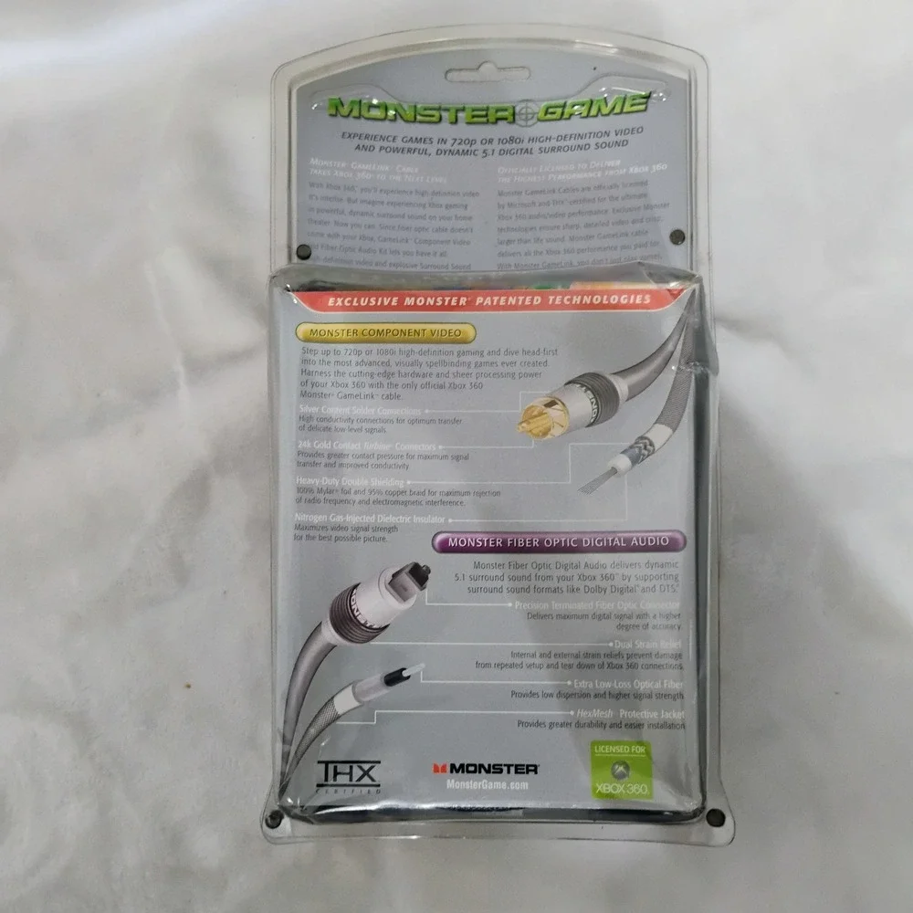 Monster Game GameLink Xbox 360 Component Video Fiber Optic Audio Cable THX